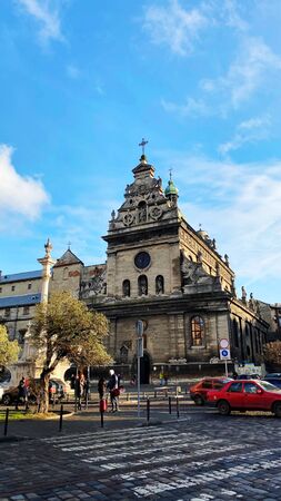 Lviv, Ukraine - December 08, 2019: Bernardine Church and Monastery Streets and architecture of the...