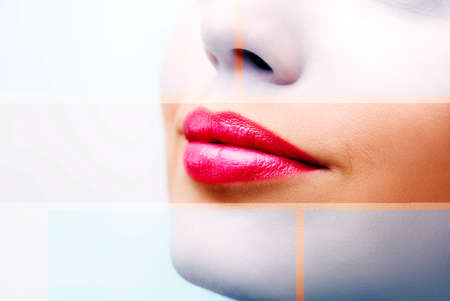 Plump sexy lips and perfect skin on a white background.の写真素材