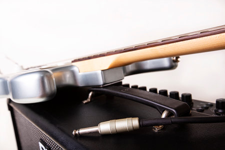 Overview of electric guitar with combo isolated on white background. High quality photoの写真素材