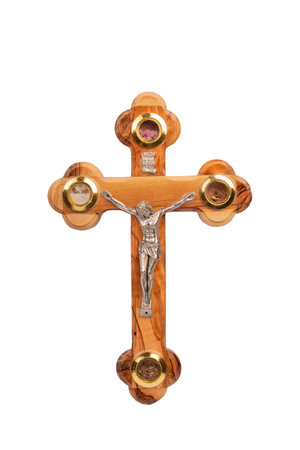 Wooden crucifix standing on white backgroundの写真素材