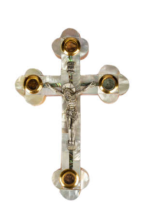 Wooden crucifix standing on white backgroundの写真素材