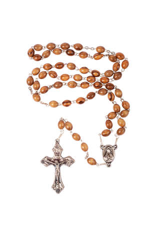 Traditional Christian holy religious wooden rosary isolated on white backgroundの写真素材