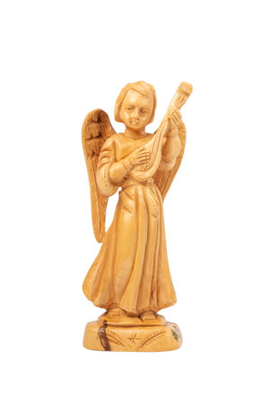 Wooden angel with wings and musical instrumentの写真素材