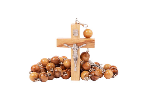 Traditional Christian holy religious wooden rosary isolated on white backgroundの写真素材