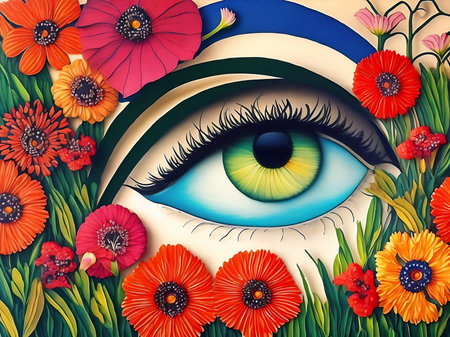 Abstract illustration of an eye with flowers around. Generative AIの写真素材