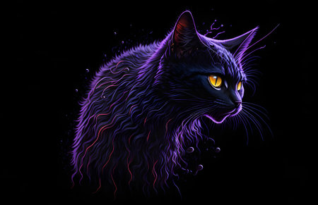 A colorful abstract portrait of a cat on a black background. Generative AI.の写真素材