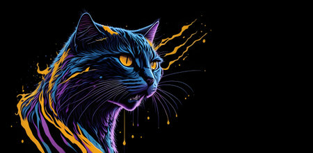 A colorful abstract portrait of a cat on a black background. Generative AI.の写真素材