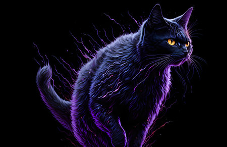 A colorful abstract portrait of a cat on a black background. Generative AI.の写真素材