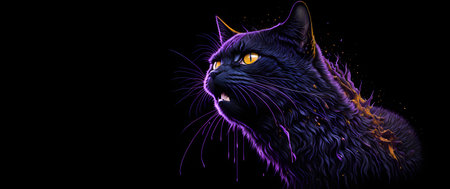 A colorful abstract portrait of a cat on a black background. Generative AI.の写真素材