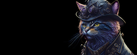 A colorful portrait of a steampunk cat on black background. Generative AIの写真素材
