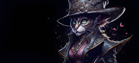 A colorful portrait of a steampunk cat on black background. Generative AI.の写真素材