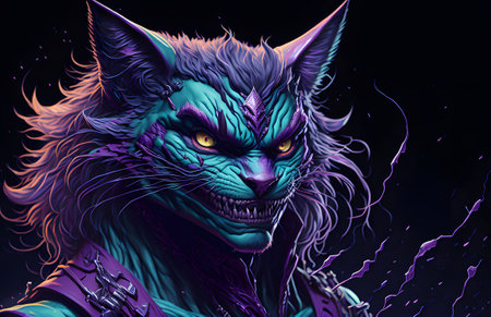 A colorful abstract portrait of Cheshire Cat on black background. Generative AIの写真素材