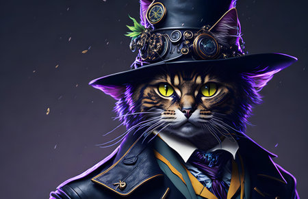 A colorful portrait of a steampunk cat on black background. Generative AIの写真素材