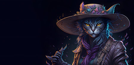 A colorful portrait of a steampunk cat on black background. Generative AI.の写真素材
