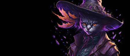 A colorful abstract portrait Puss in Boots on black background. Generative AIの素材