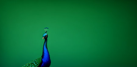 Beautiful peacock on a green backgroundの素材