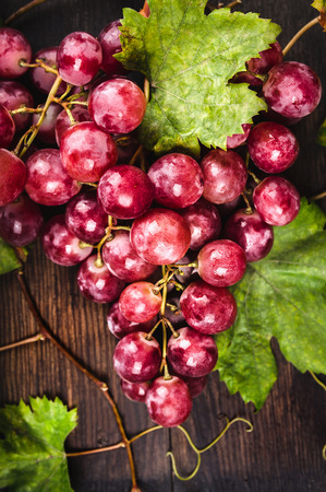 Large pink grapes with vine and leaves, close upの写真素材