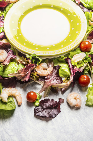 Shrimp salad with lettuce and tomatoes and empty plate close upの写真素材