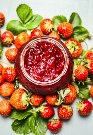 Strawberries  jam-jar, close upの写真素材