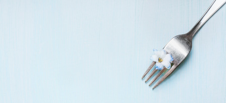 Fork with little blue flower on light green shabby  rustic background, top view, banner.
