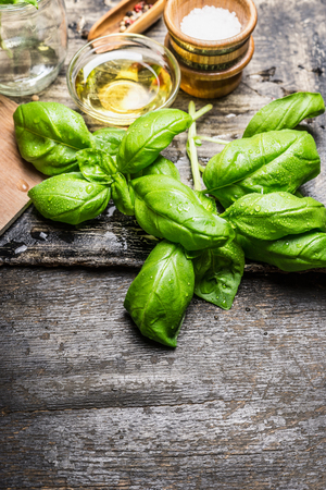 Fresh basil leaves with olives oil and salt on rustic wooden backgroundの写真素材