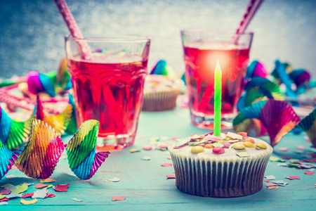 Birthday with cake, candle, drinks and party tools. Happy birthday greeting card