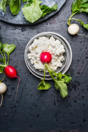 Bowl with cream cheese and fresh radish with green leaves on dark background, top viewの写真素材