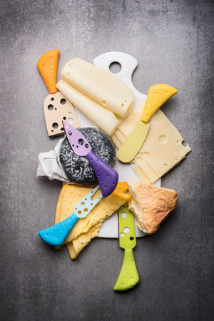 Various cheese with knife , top viewの写真素材