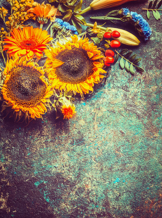 Autumn floral composing with sunflowers on vintage rustic background, top viewの写真素材