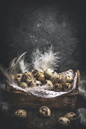 Rustic Basket with quail eggs and feathers on dark wooden background, front viewの写真素材