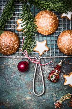 Christmas Gingerbread  and cookies backing , top viewの写真素材