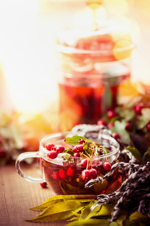 Cup of tea with autumn leaves and berries at sunny nature background on wooden table., front view. Hot autumn beverages conceptの写真素材