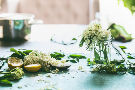 Elder flower syrup or jam preparation. Elderflowers and lemon on kitchen table at window. Home lifestyle. Healthy seasonal food eating and cookingの写真素材