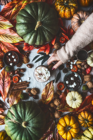 Female hand holding mug with hot chocolate and marshmallows on table with pumpkins and autumn leaves at window. Autumn still life with cozy bokeh lighting.の写真素材