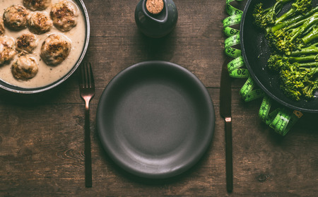 Empty plate with cutlery and low carb dieting meal with meat balls, blanched broccoli in cooking pan...