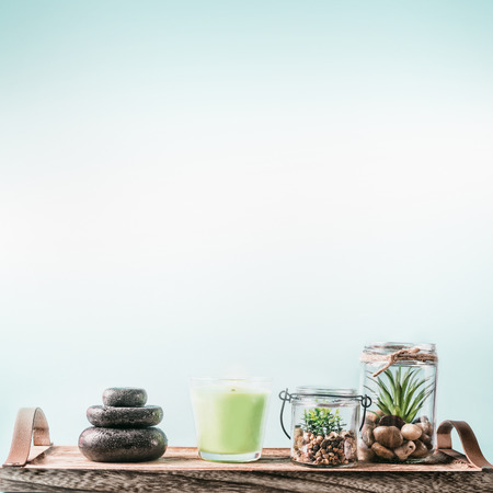 SPA setting background with green candles, massage hot stones and succulent plants on tray at pastel...