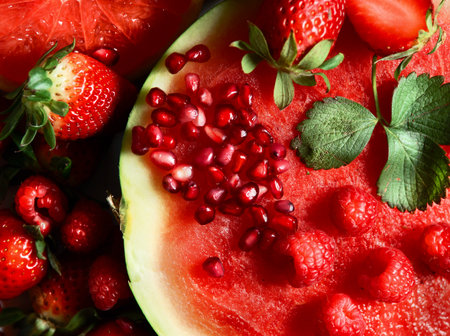 Close up of red juicy fruits: watermelon, strawberries, pomegranate . top viewの写真素材