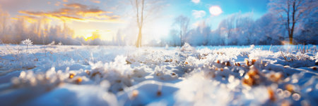 Beautiful winter morning landscape banner background with snow, sunrays and bokeh, outdoor.の素材