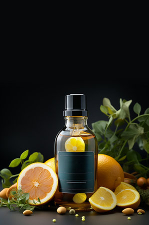 Cosmetic bottle with Vitamin C serum on dark table with orange and lemon fruits and herbs. Natural beauty product conceptの素材