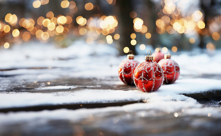 Red Christmas bauble lies on snow at bokeh background, outdoorの素材