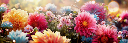 Beautiful floral garden banner with dahlias and cosmos flowers at sunset backlit. Summertime nature backgroundの素材