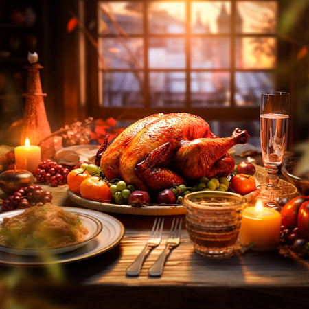 Cozy Thanksgiving dinner table with roasted whole turkey, candles, foods and wine at window background. Front viewの素材