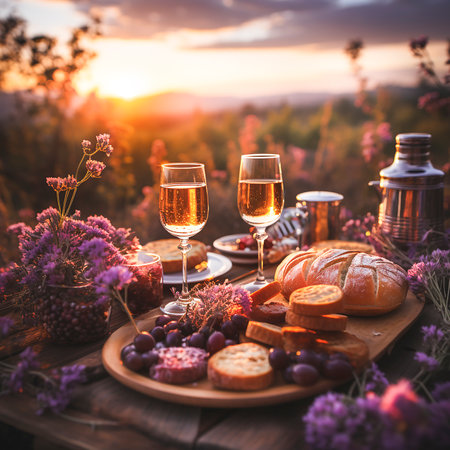 Beautiful outdoor picnic at lavender field at sunset with wine, grapes, baguette and cheese. Front view. Generative AI contentの素材