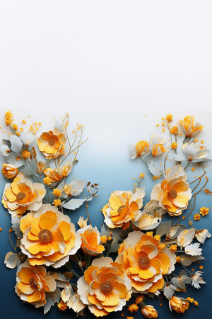 Decorative floral frame border with yellow flowers at white blue background. Generative Aiの素材