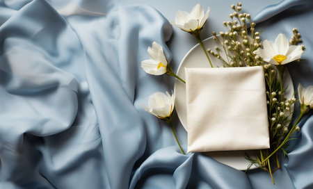 Romantic mockup background with flowers table setting on pale blue draped fabric background, top viewの素材