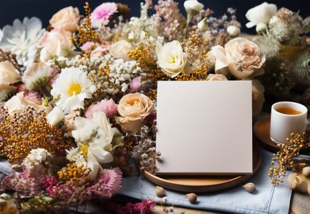 Lots of lovely pastel flowers and blank paper card mockup on table. Front viewの素材