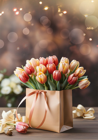 Greeting flowers bunch of tulips on table at bokeh background, front view. Springtime holiday conceptの素材