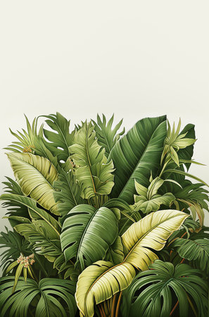 Illustration of various tropical leaves at white background. Botanical borderの素材