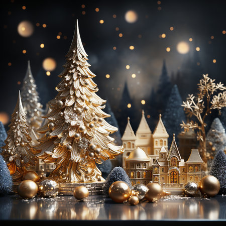 Golden Christmas installation background made with toy houses, fir and Christmas tree. Front viewの素材