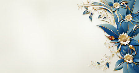 Floral border with blue and gold flowers and leaves ornamentの素材